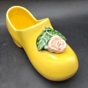 McCoy Yellow Pink Rose Dutch Shoe Planter Vintage Ceramic Pottery